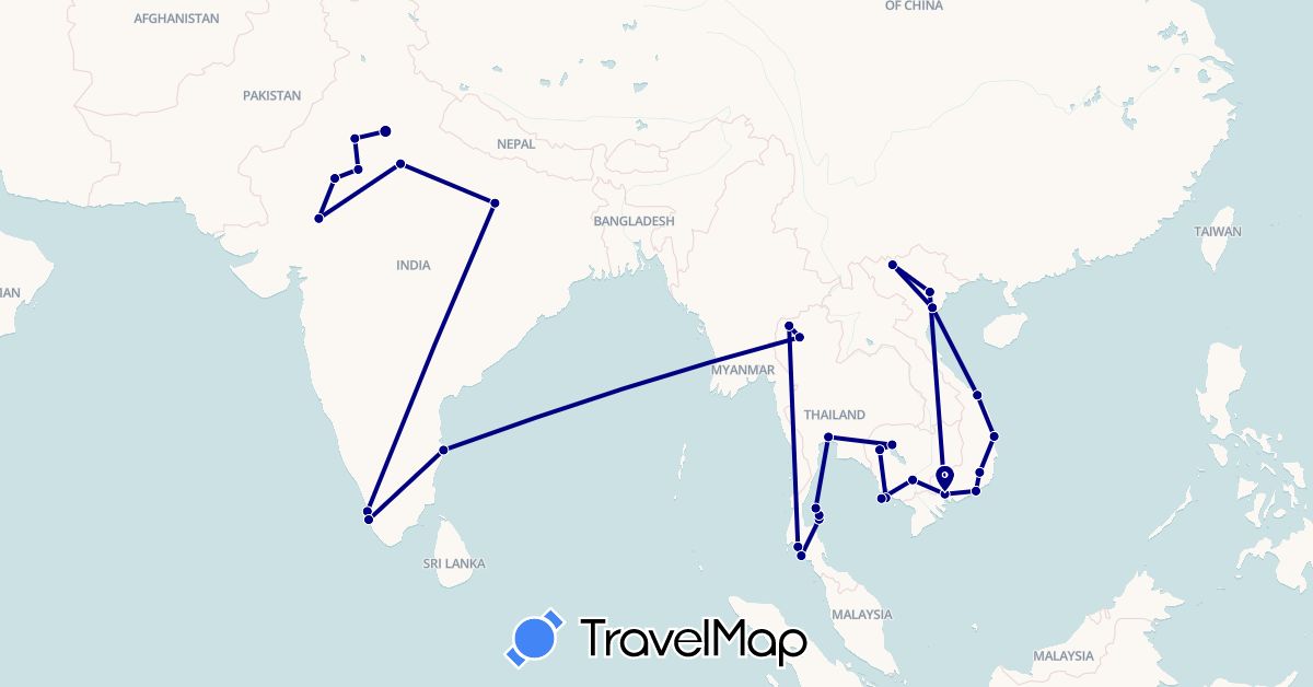 TravelMap itinerary: driving in India, Cambodia, Thailand, Vietnam (Asia)